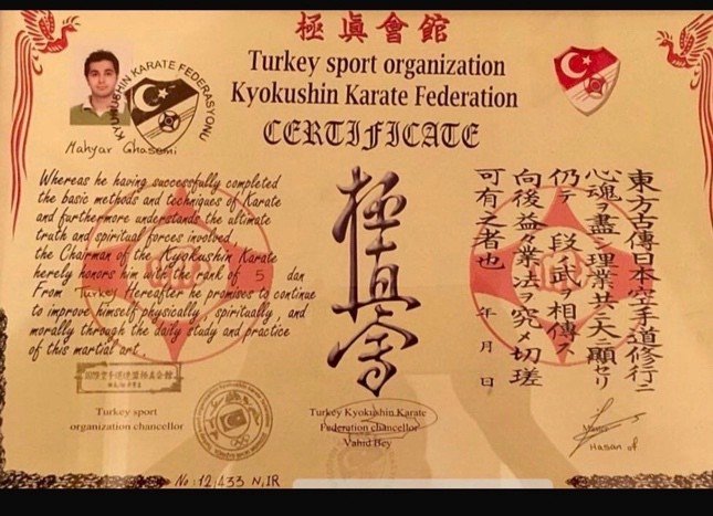 Kyokushin Karate Federation certificate conferring the rank of 5th Dan