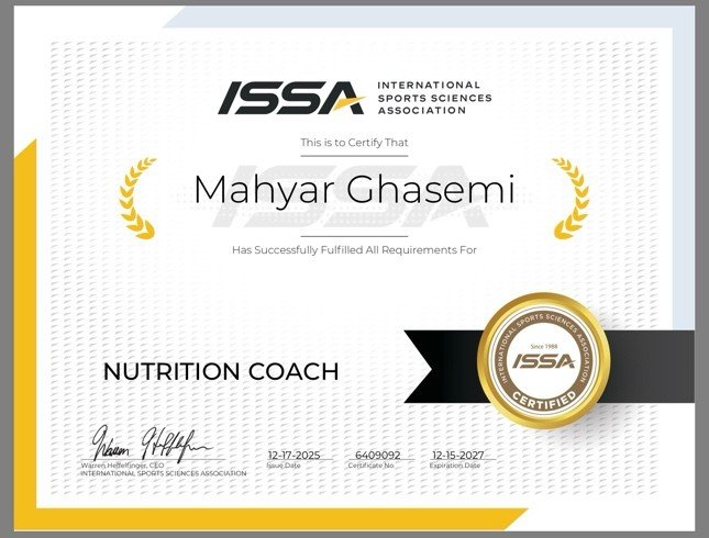 ISSA Nutrition Coach certificate issued to Mahyar Ghasemi