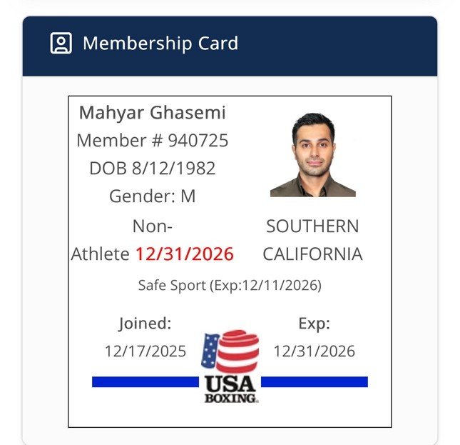 USA Boxing registered membership card in the name of Mahyar Ghasemi